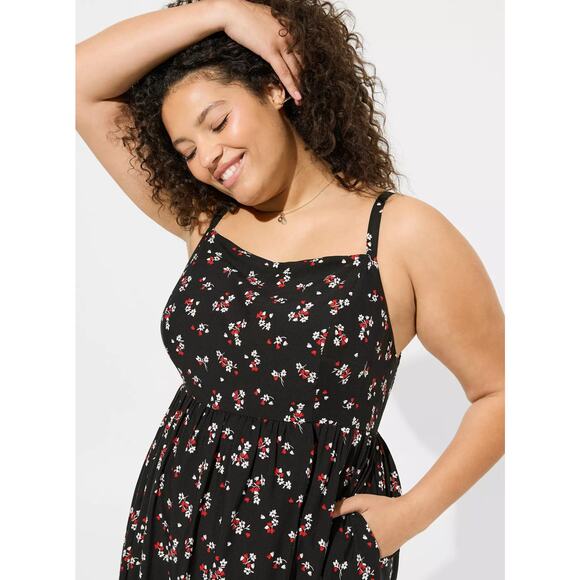 New Torrid Tea Length Challis Square Neck Dress Black Smocked Pocket Strap Sz 1X - Picture 2 of 12